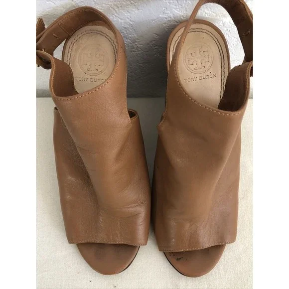 Tory Burch Slingback Shoes Saddle Leather Block Heel Peep Toe Mule Brazil Sz 7.5 - Picture 4 of 12